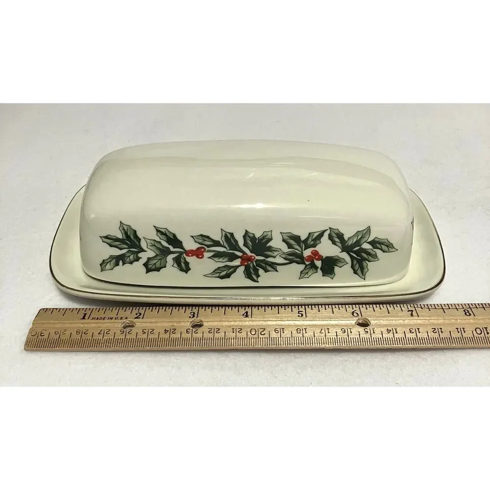 Vtg Formalities Baum Bros Covered Butter Dish Holly Berries Holds 1/4 lb. Stick